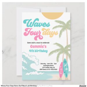 Waves Four Days Retro Surf Beach 4th Birthday Invitation
