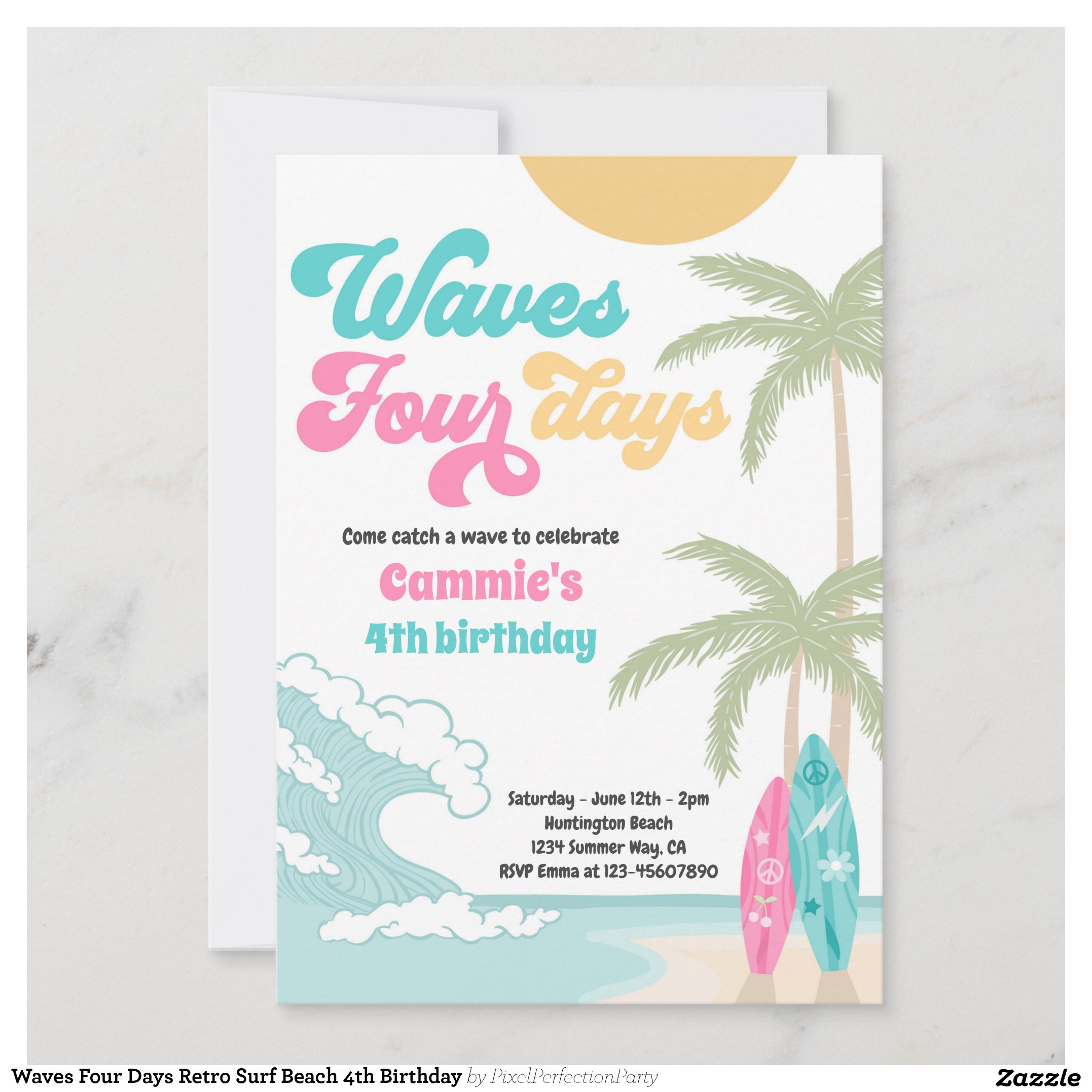 Waves Four Days Retro Surf Beach 4th Birthday Invitation