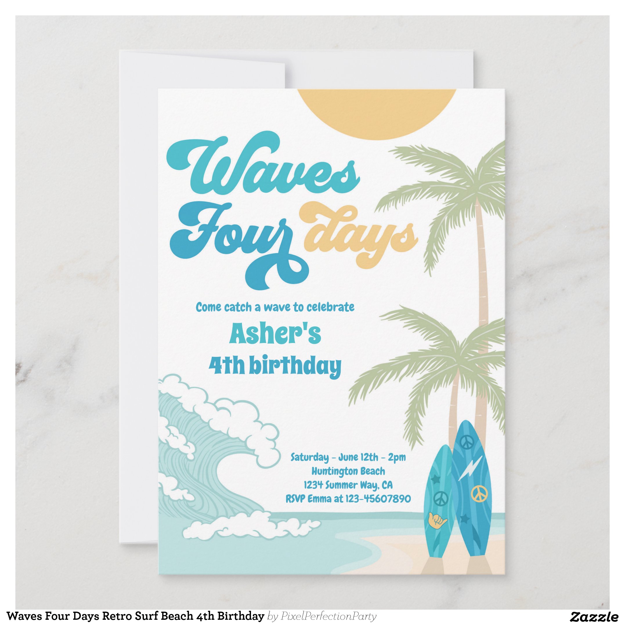 Waves Four Days Retro Surf Beach 4th Birthday Invitation