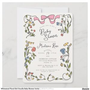 Whimsical Floral Girl Doodle Baby Shower Invite