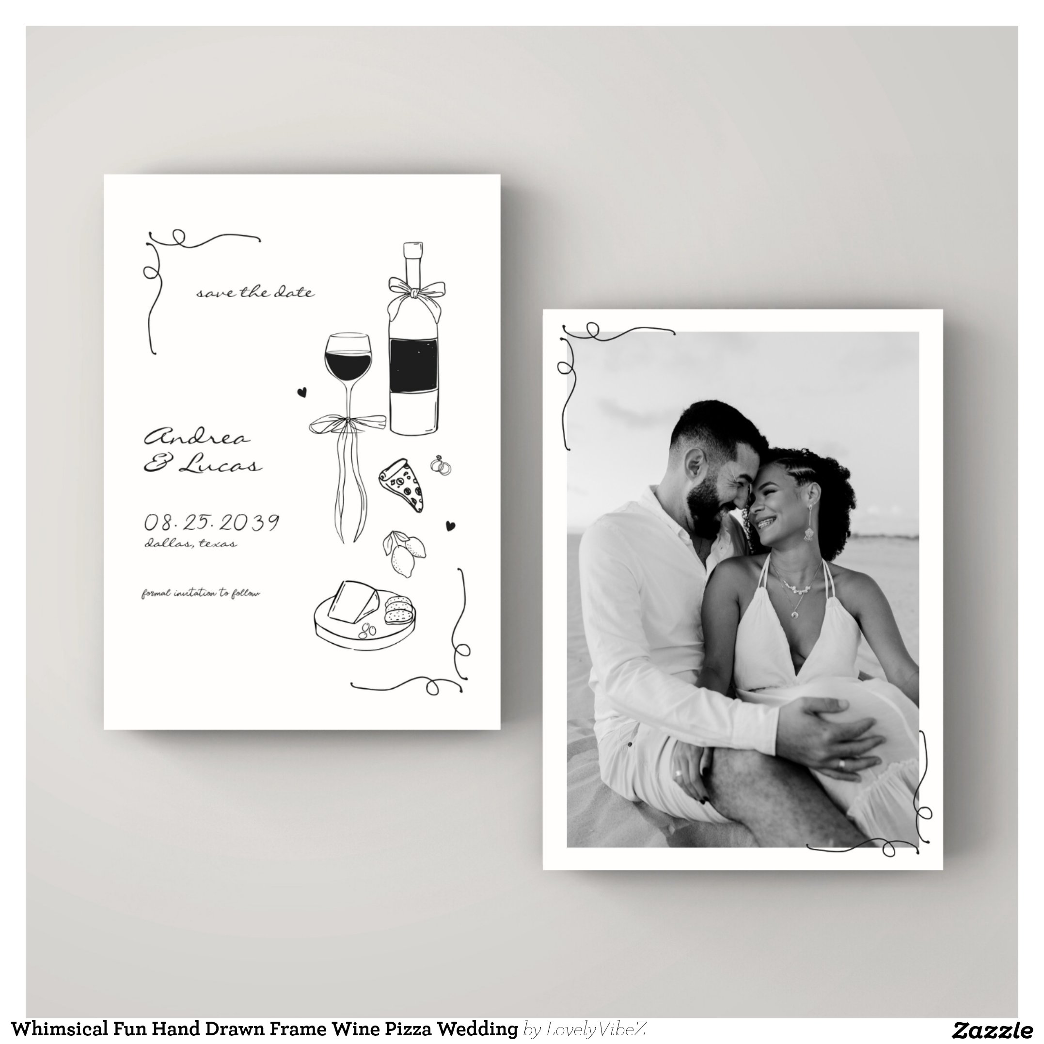 Whimsical Fun Hand Drawn Frame Wine Pizza Wedding Save The Date