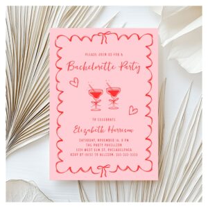 Whimsical Pink Red Wavy Frame Bachelorette Party Invitation