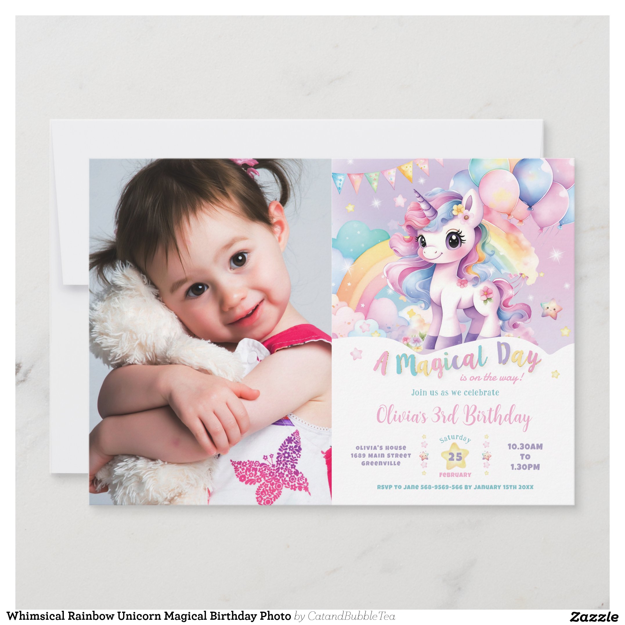 Whimsical Rainbow Unicorn Magical Birthday Photo Invitation