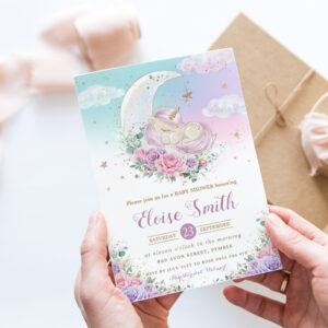 Whimsical Unicorn Moon Purple Floral Baby Shower Invitation