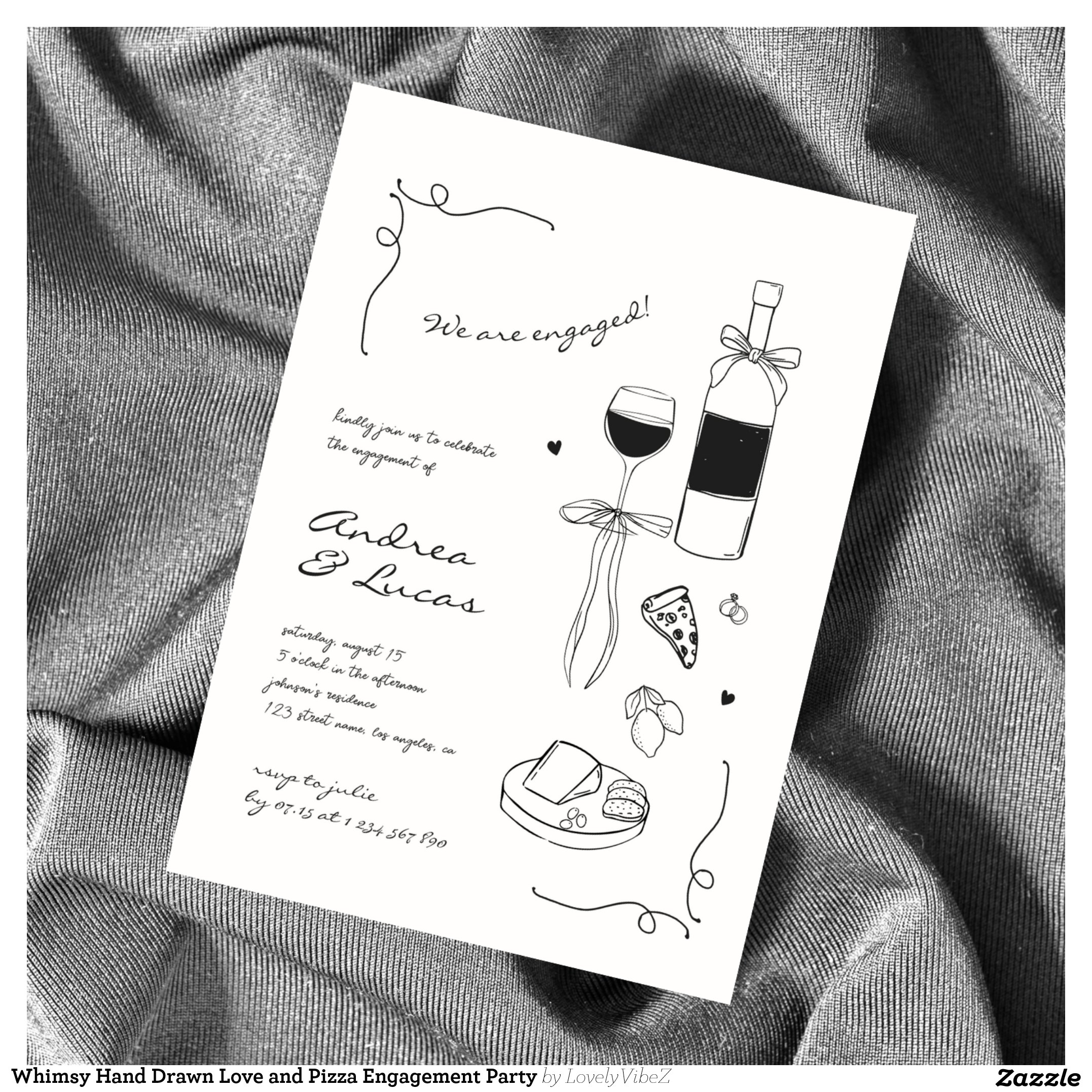 Whimsy Hand Drawn Love and Pizza Engagement Party Invitation