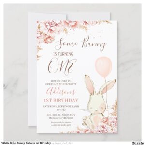 White Boho Bunny Balloon 1st Birthday Invitation
