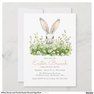 White Bunny and Florals Easter Brunch Egg Hunt Invitation