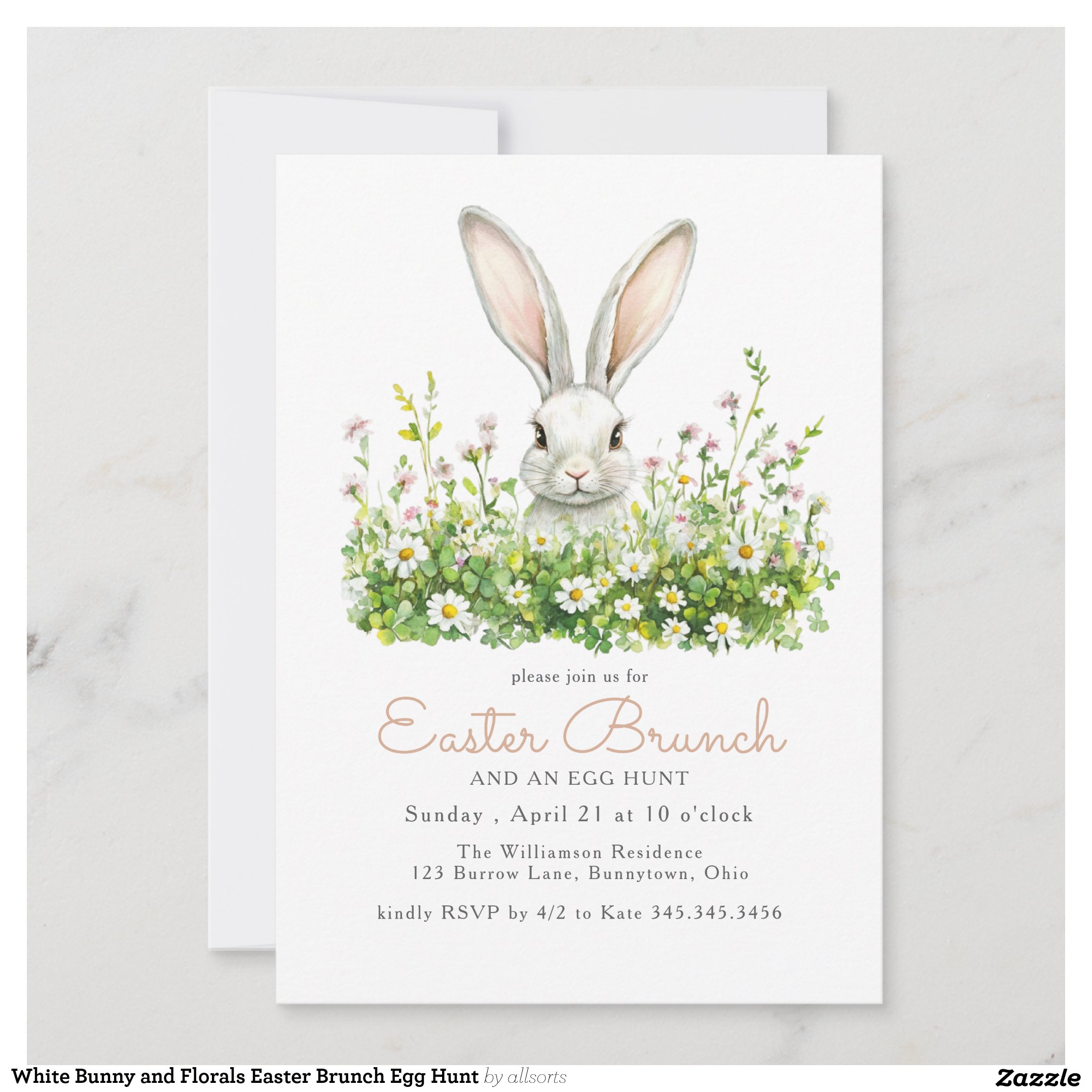 White Bunny and Florals Easter Brunch Egg Hunt Invitation