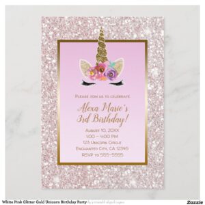 White Pink Glitter Gold Unicorn Birthday Party Invitation