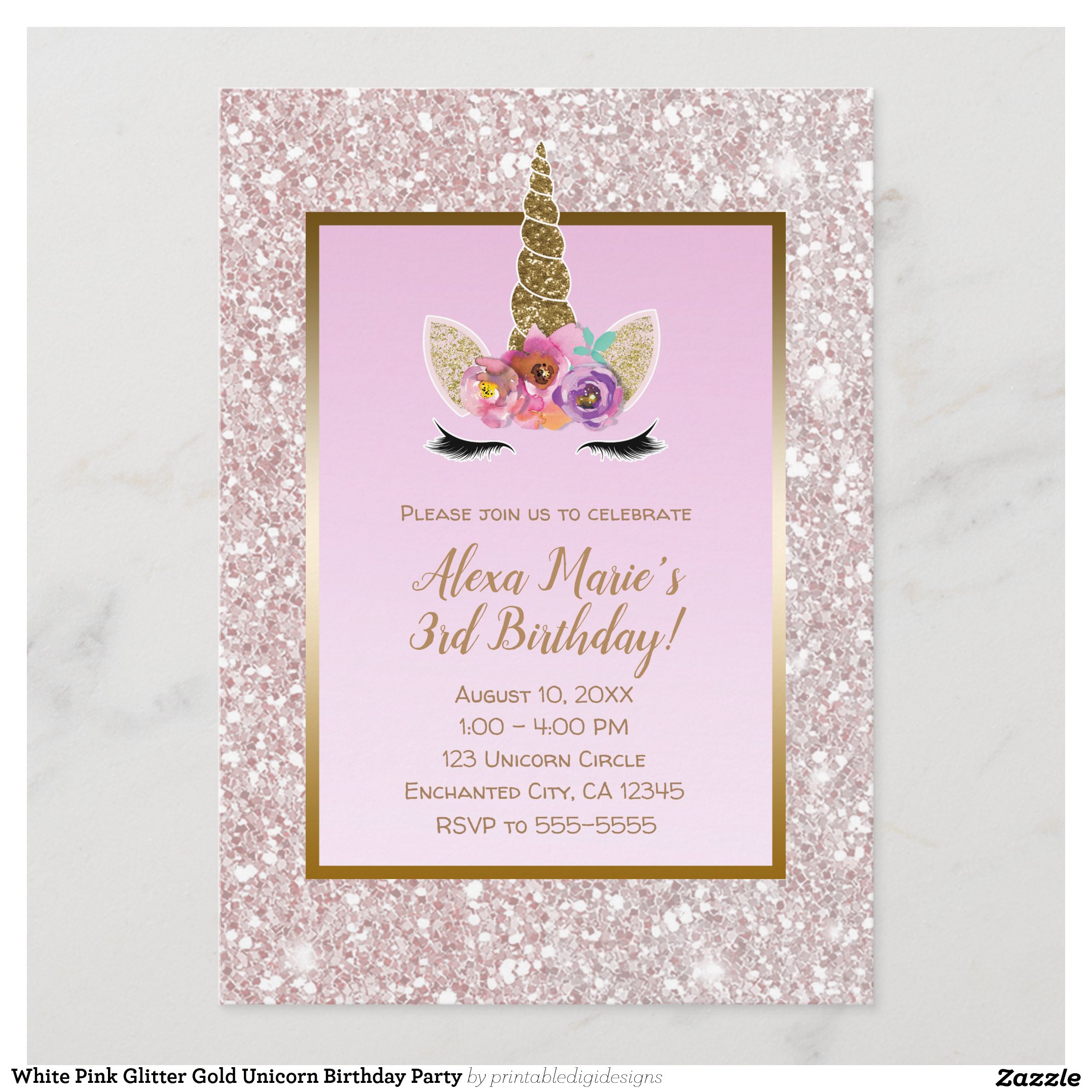 White Pink Glitter Gold Unicorn Birthday Party Invitation