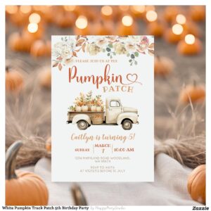 White Pumpkin Truck Patch 5th Birthday Party Invitation