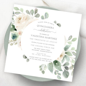 White Rose Floral Botanical Quinceanera Invitation