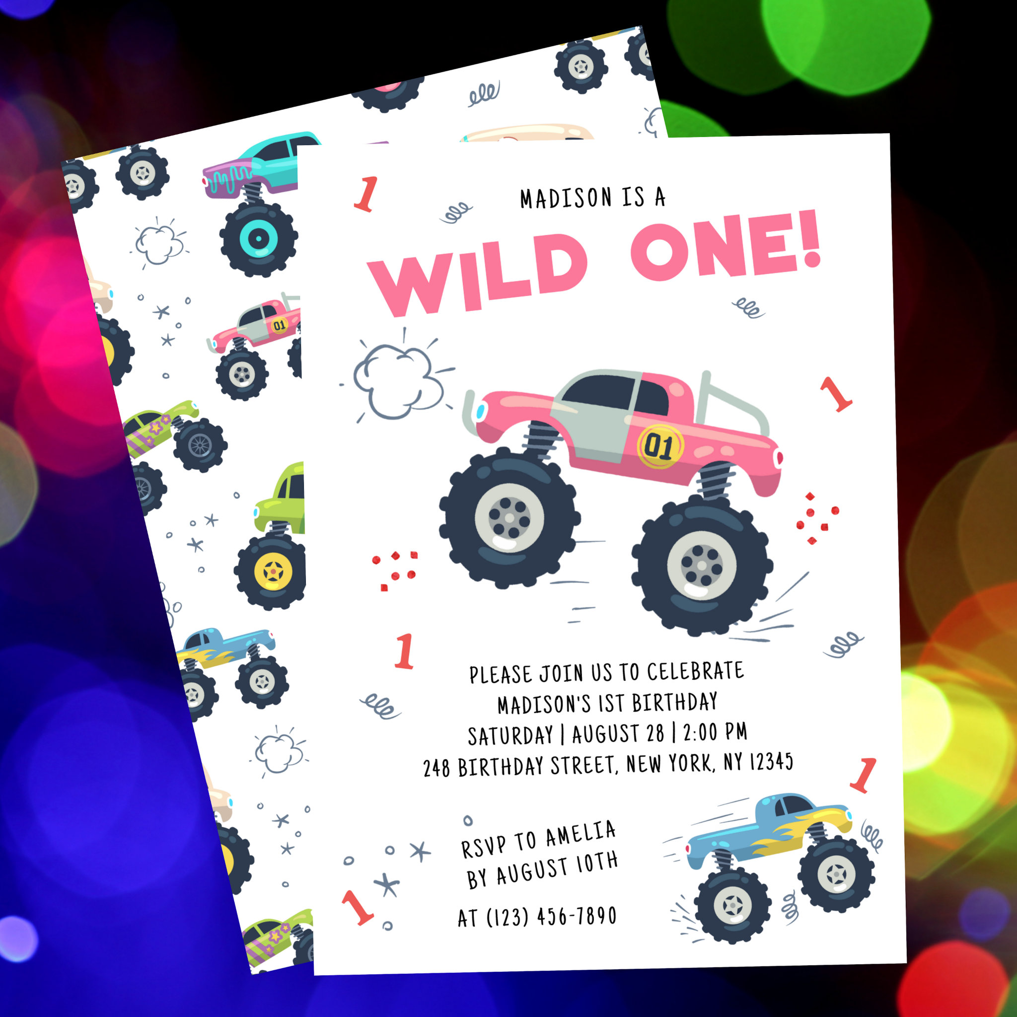 Wild One Birthday Modern Kids Monster Car Trucks Invitation