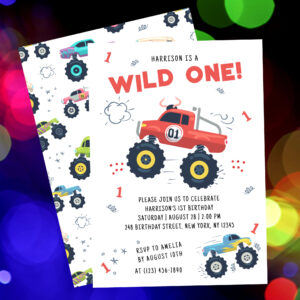 Wild One Birthday Modern Kids Monster Car Trucks Invitation