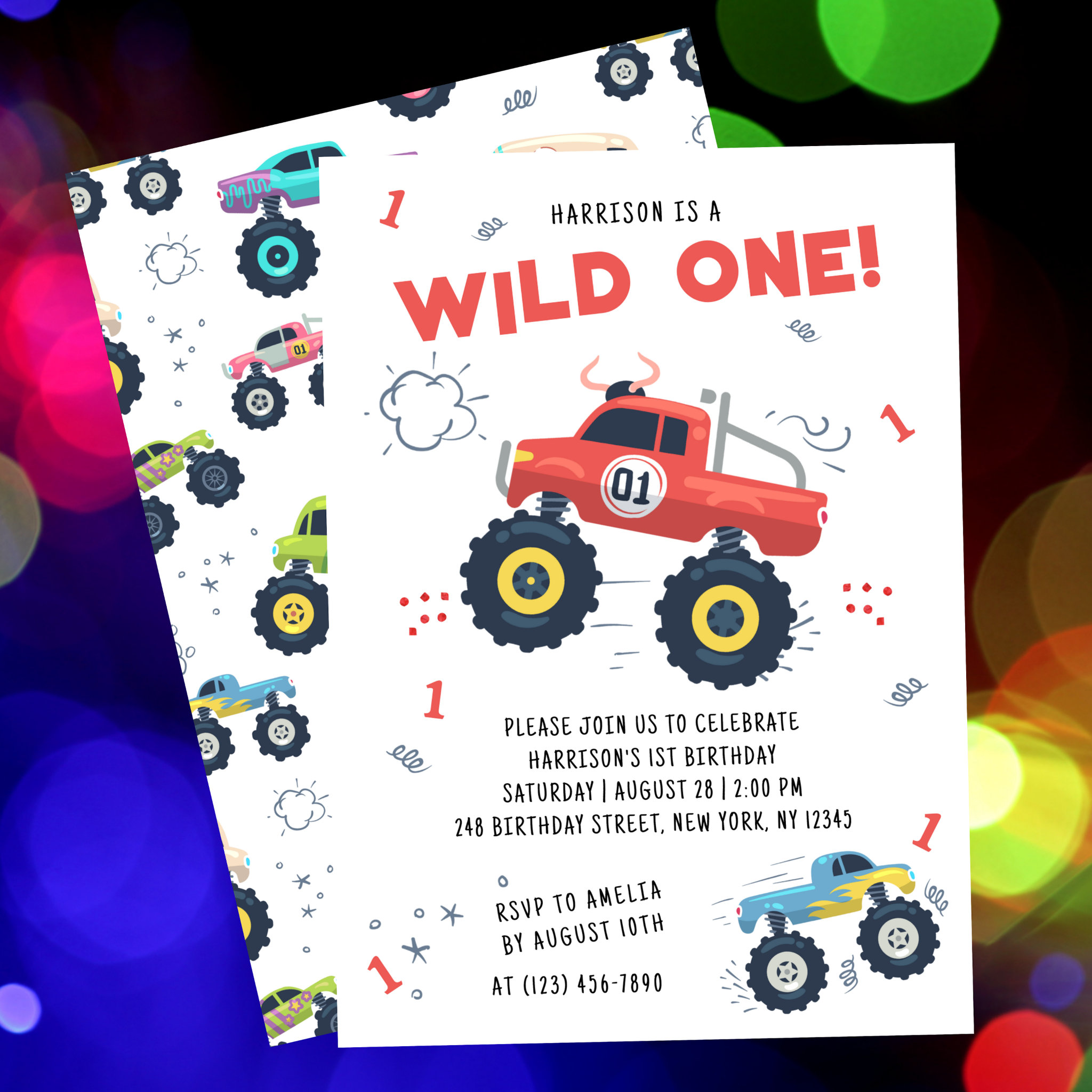 Wild One Birthday Modern Kids Monster Car Trucks Invitation