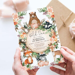 Wild One Fall Floral Woodland Animals 1st Birthday Invitation