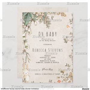 wildflower bunny neutral baby shower invitation