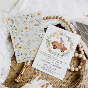 Wildflower Bunny Riding a Carrot Car Baby Shower Invitation