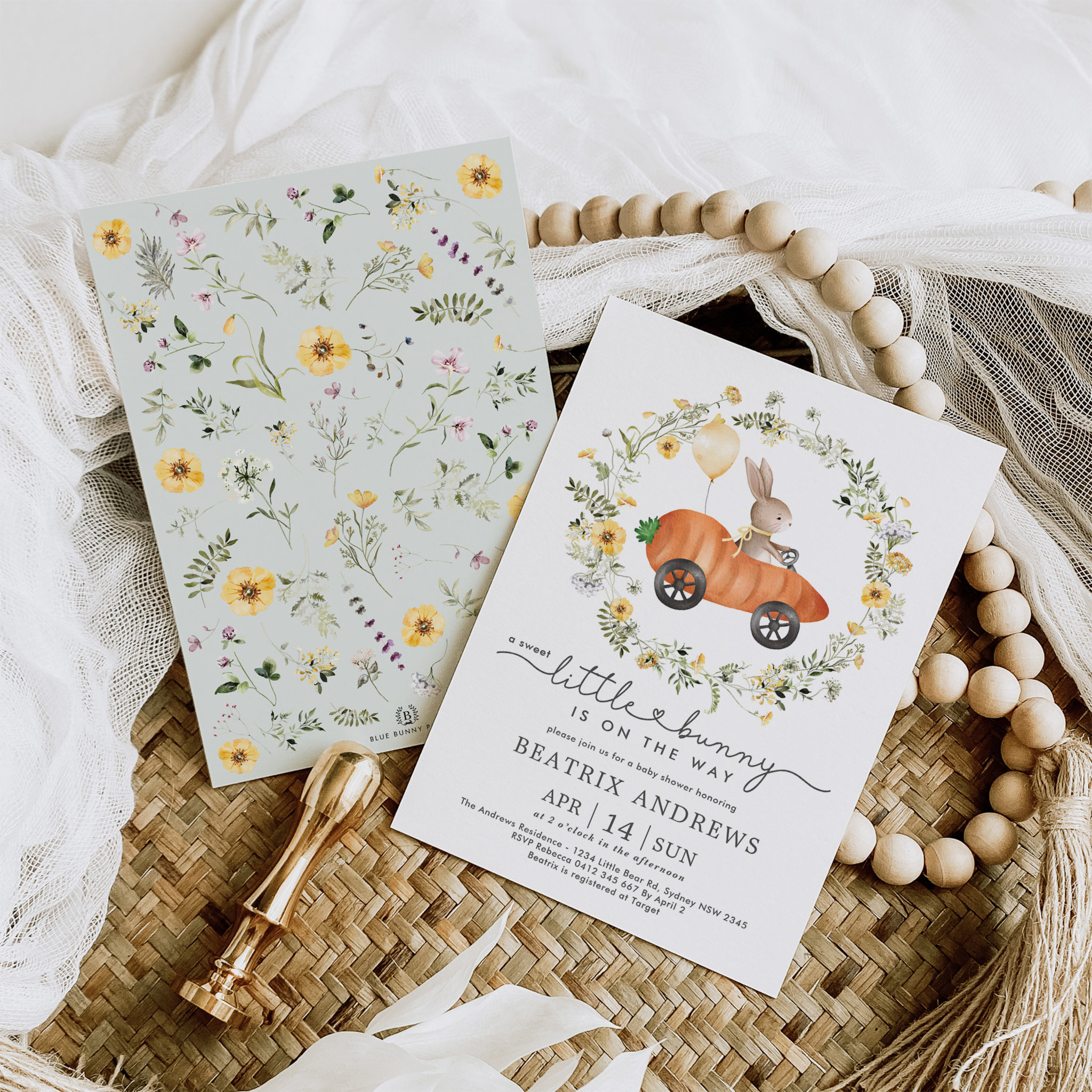 Wildflower Bunny Riding a Carrot Car Baby Shower Invitation