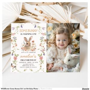 Wildflower Some Bunny Girl 1st Birthday Photo Invitation