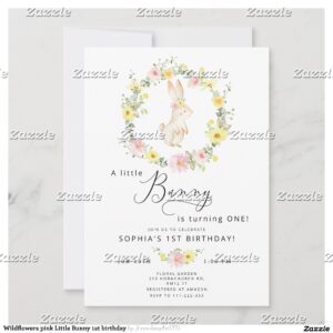 Wildflowers pink Little Bunny 1st birthday Invitation
