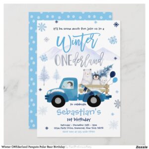 Winter ONEderland Penguin Polar Bear Birthday Invitation