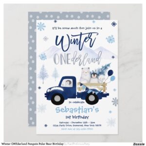 Winter ONEderland Penguin Polar Bear Birthday Invitation