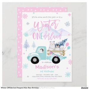 Winter ONEderland Penguin Polar Bear Birthday Invitation