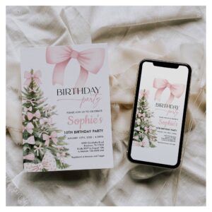 Winter Pink Bow Birthday Invitation