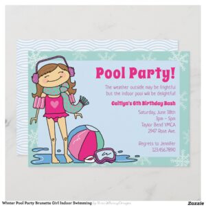Winter Pool Party Brunette Girl Indoor Swimming Invitation