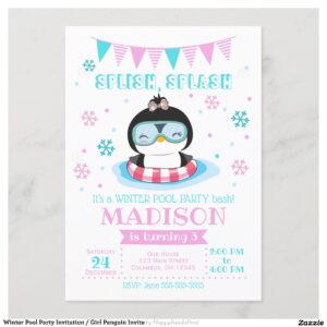 Winter Pool Party Invitation / Girl Penguin Invite