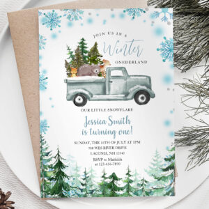 Winter Truck Animal Onederland 1st birthday Invitation