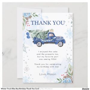 Winter Truck Blue Boy Birthday Thank You Card