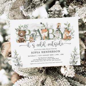 Winter Woodland Animals Sage Greenery Baby Shower Invitation