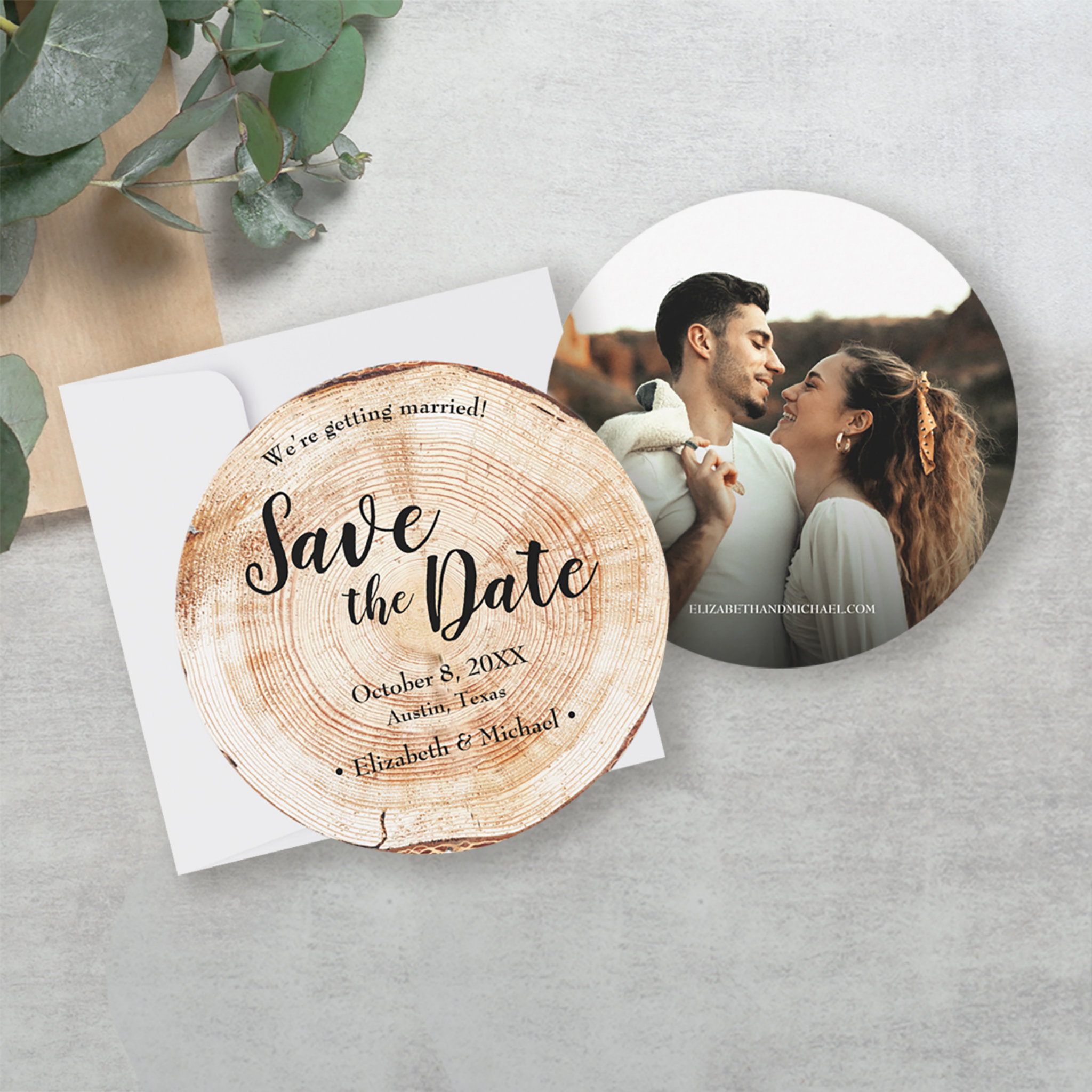 Wood bark Rustic Wedding Save the date photo Invitation