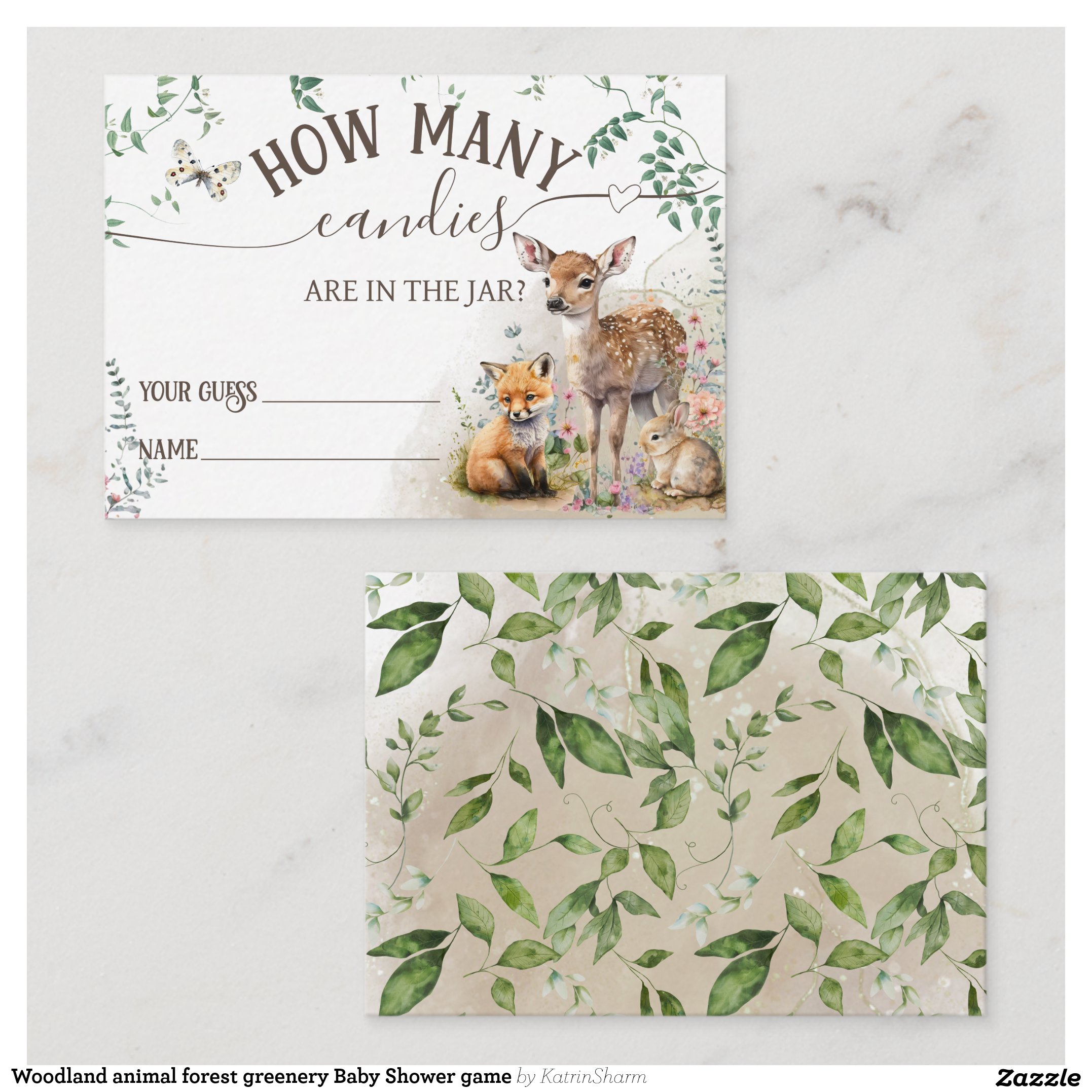 Woodland animal forest greenery Baby Shower game Enclosure Card