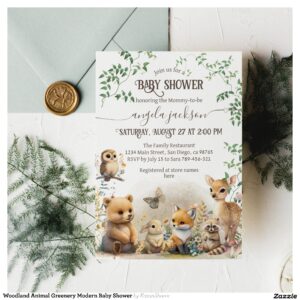 Woodland Animal Greenery Modern Baby Shower Invitation