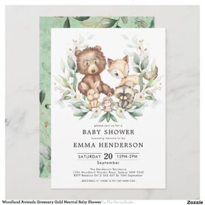 Woodland Animals Greenery Gold Neutral Baby Shower Invitation