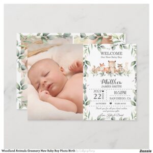 Woodland Animals Greenery New Baby Boy Photo Birth Announcement