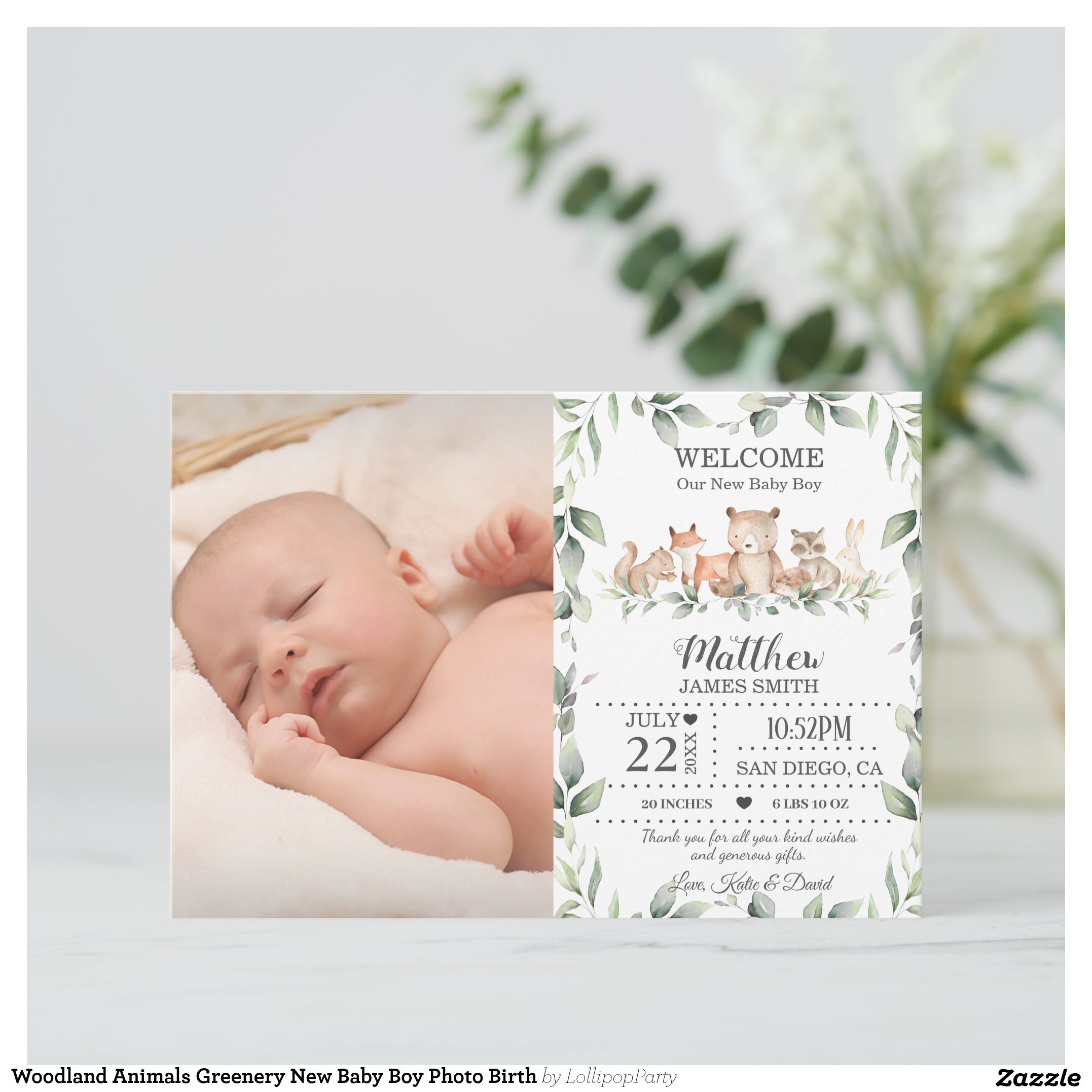Woodland Animals Greenery New Baby Boy Photo Birth Announcement