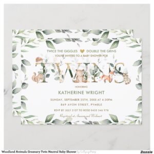 Woodland Animals Greenery Twin Neutral Baby Shower Invitation