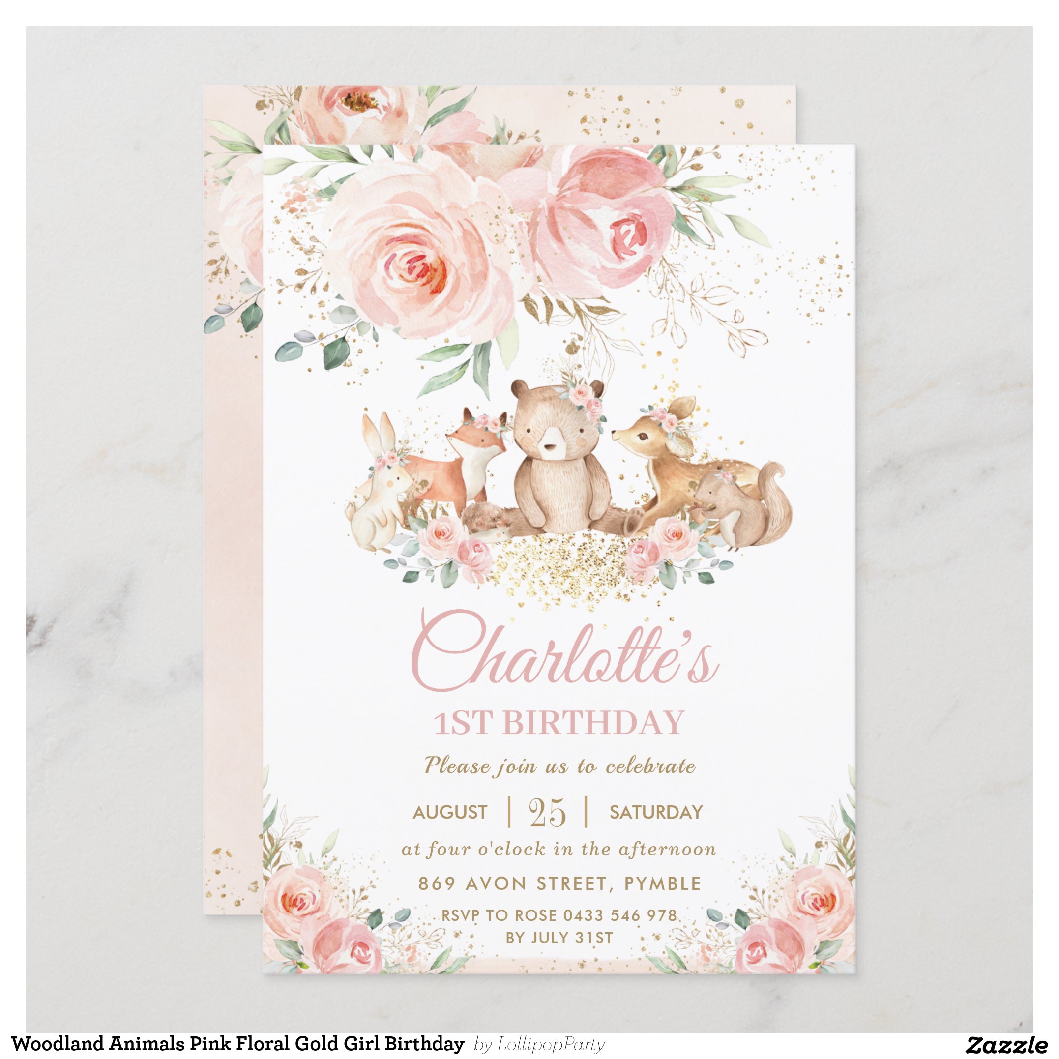 Woodland Animals Pink Floral Gold Girl Birthday Invitation