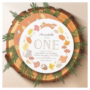 Woodland Animals Wreath 1st Birthday Invitation