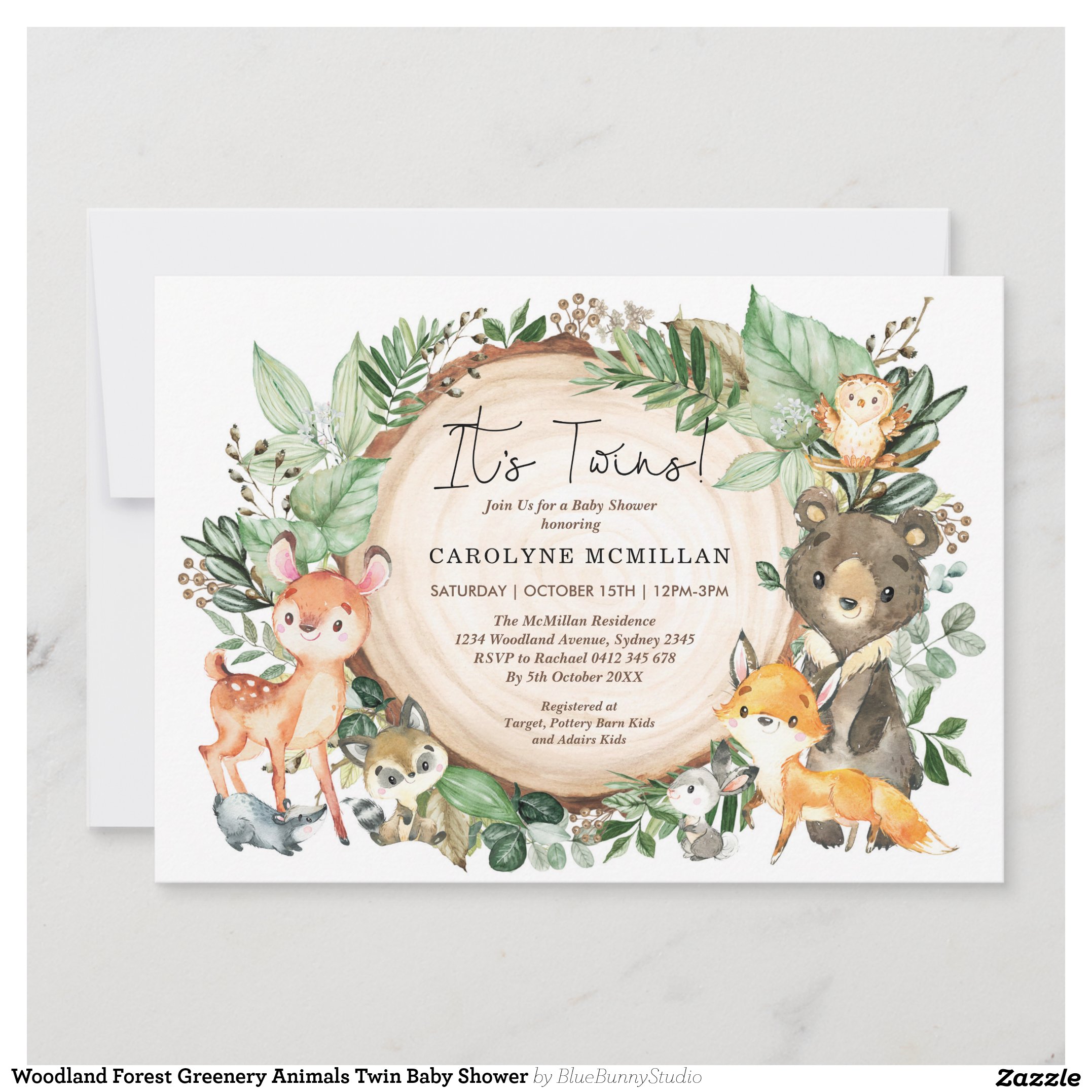 Woodland Forest Greenery Animals Twin Baby Shower Invitation