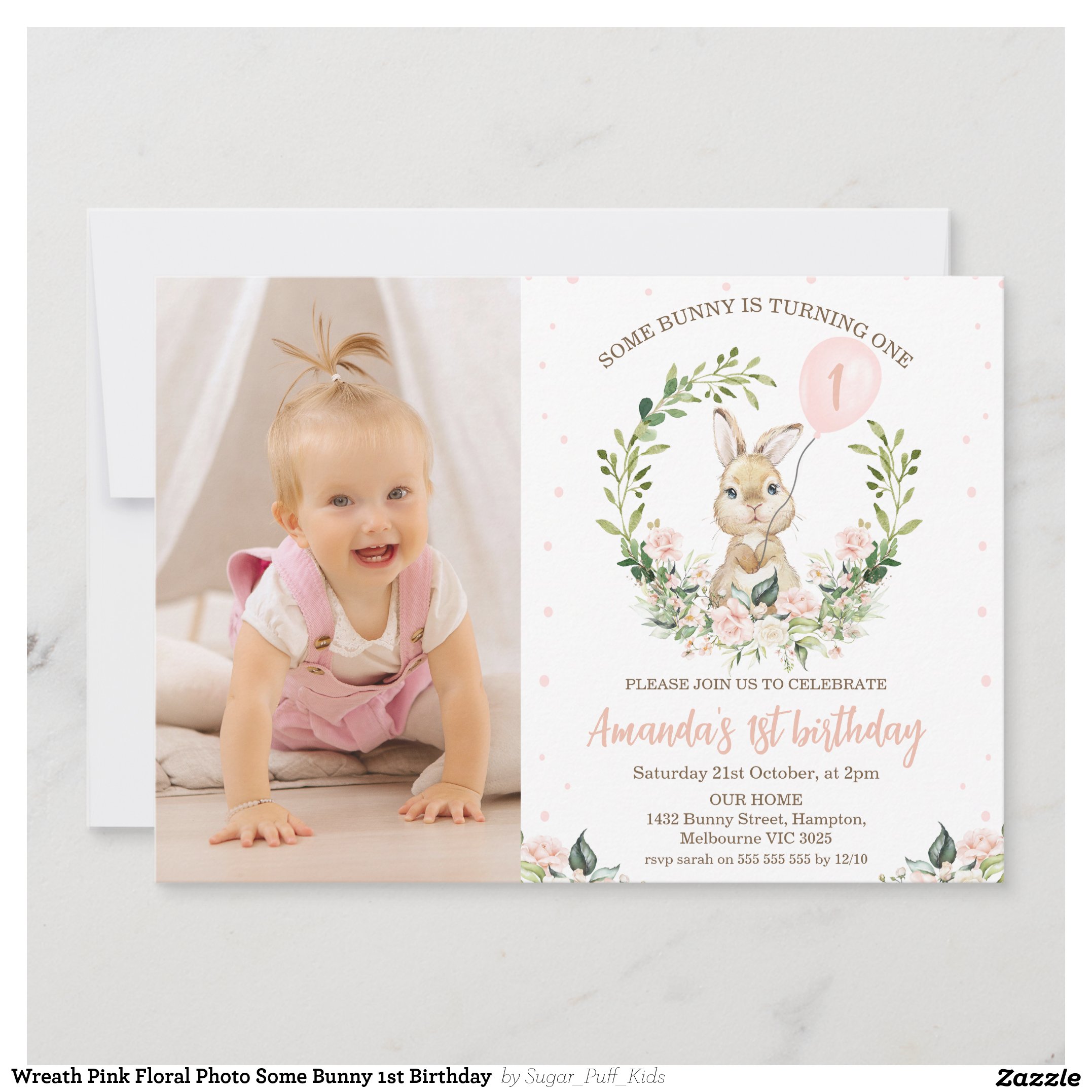 Wreath Pink Floral Photo Some Bunny 1st Birthday Invitation