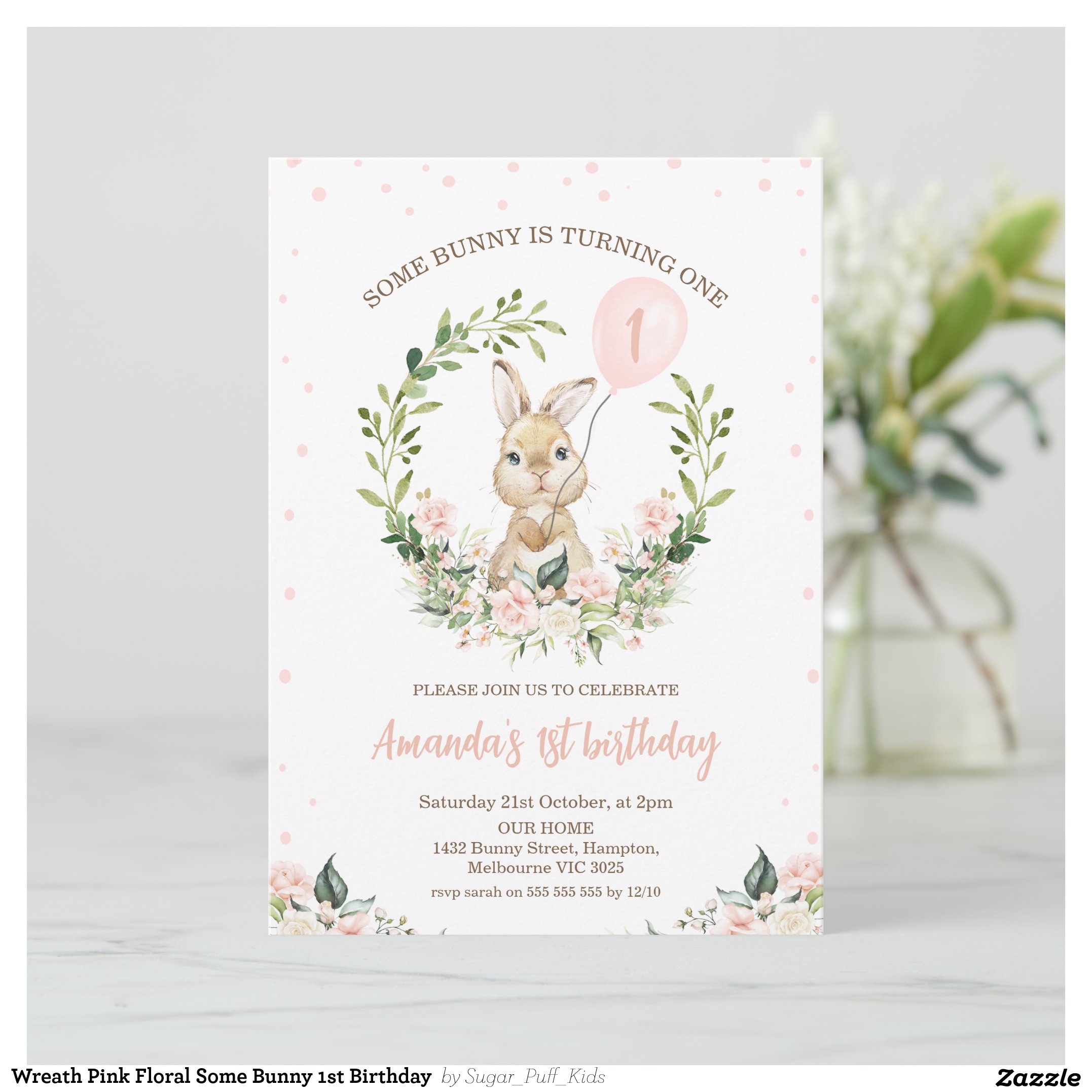 Wreath Pink Floral Some Bunny 1st Birthday Invitation