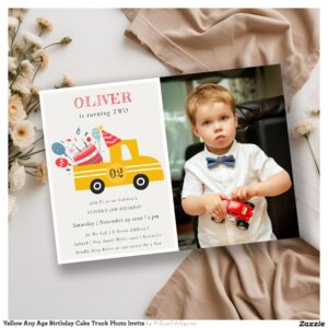Yellow Any Age Birthday Cake Truck Photo Invite