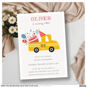 Yellow Any Age Birthday Party Cake Truck Invite
