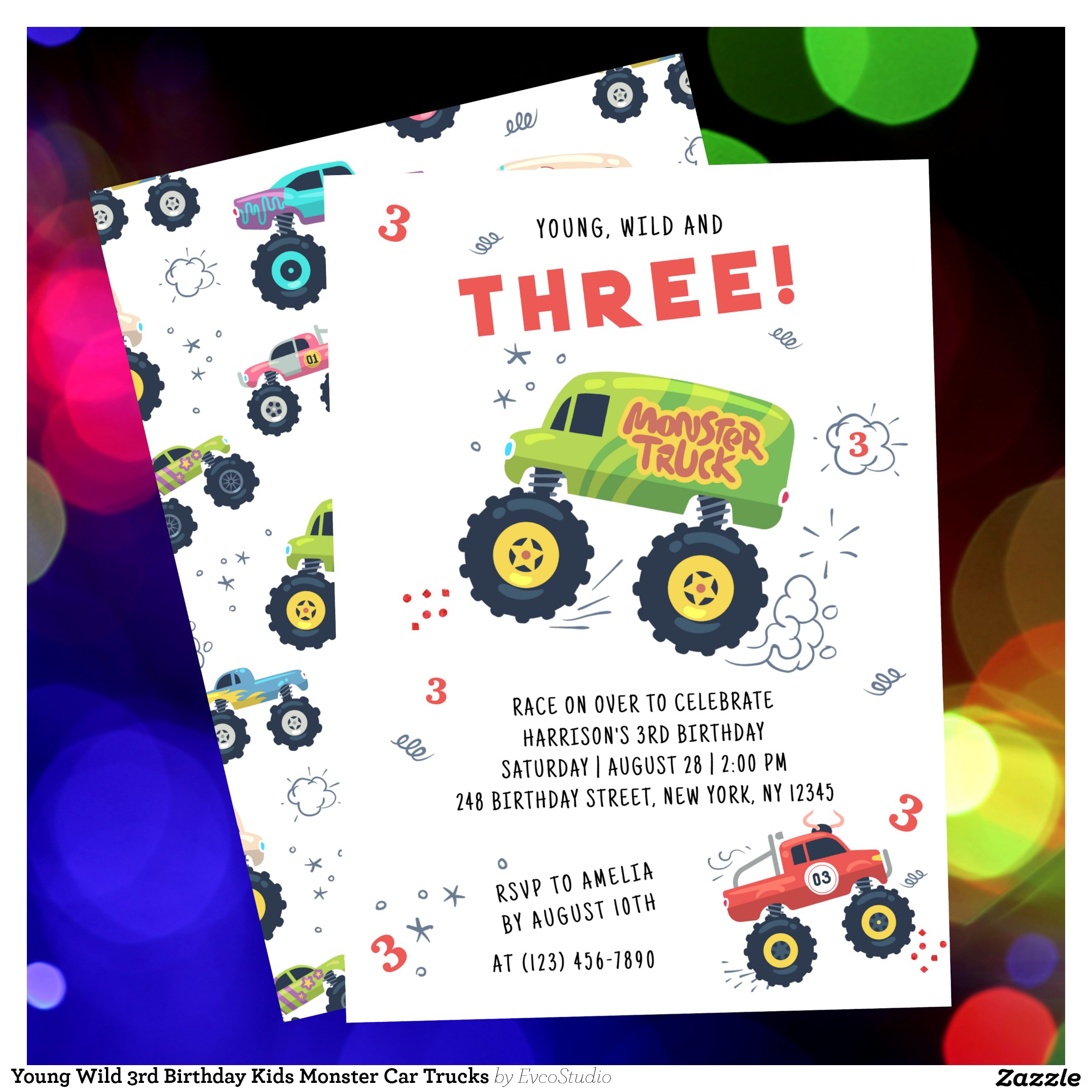 Young Wild 3rd Birthday Kids Monster Car Trucks Invitation