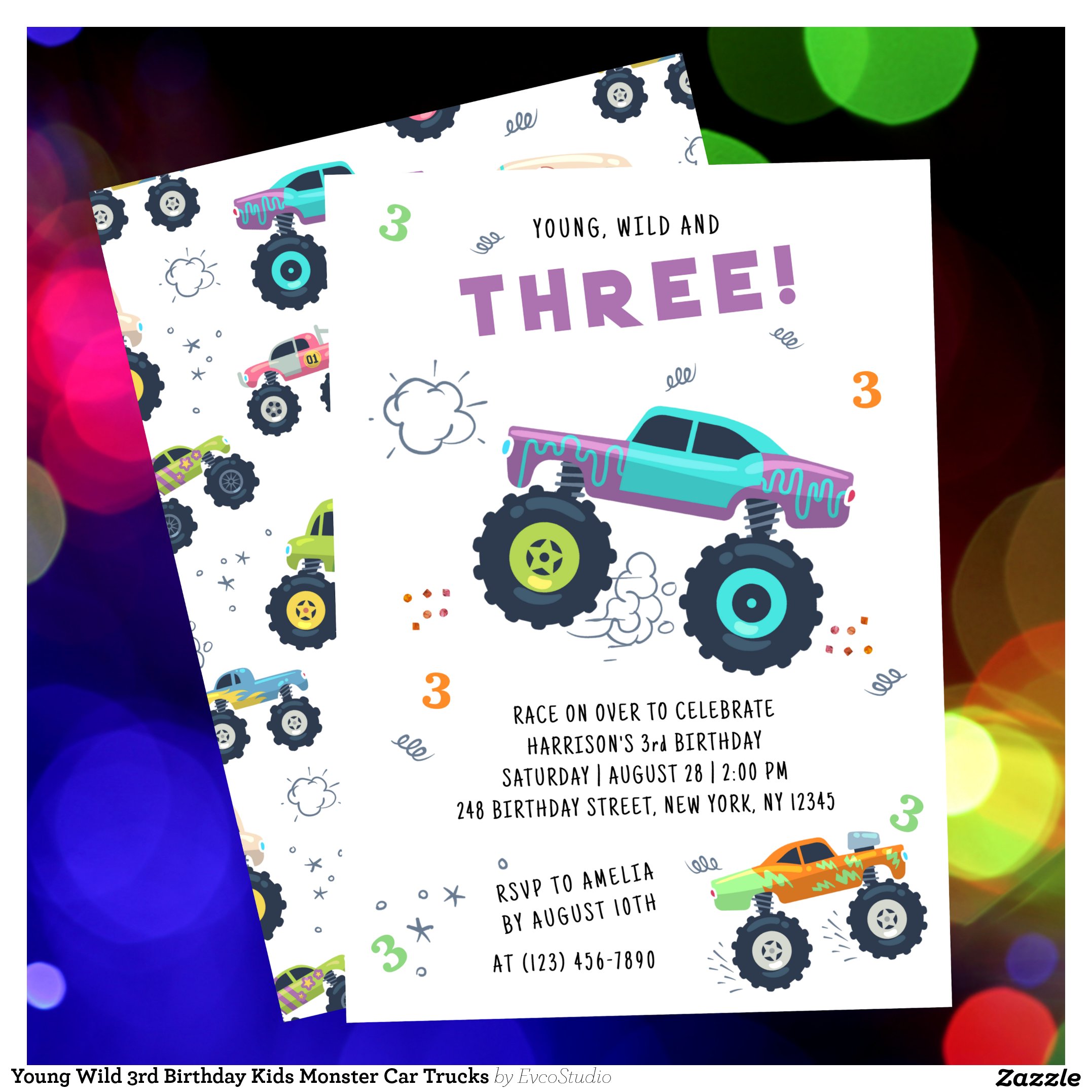 Young Wild 3rd Birthday Kids Monster Car Trucks Invitation